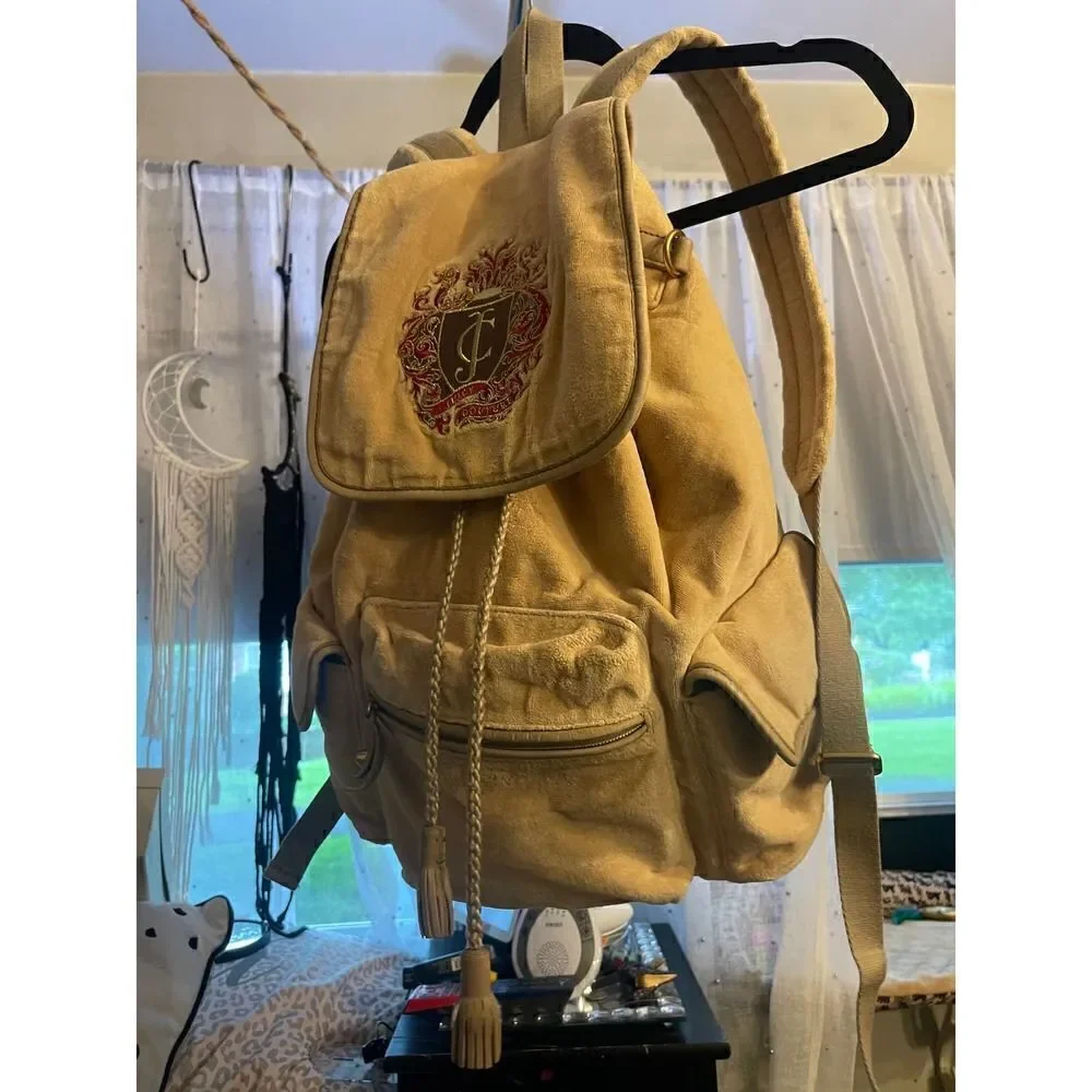 Cream/beige velvet/velour campus,school multi pocket cargo Backpack